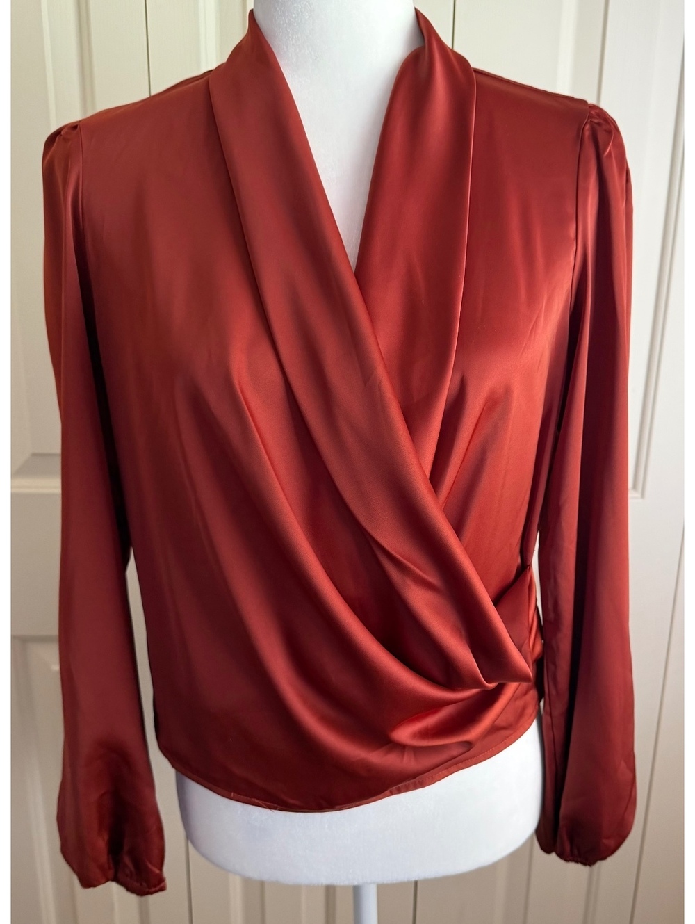 CIDER Satin Wrap Blouse Women M Rust Brown Draped Long Sleeve NWT